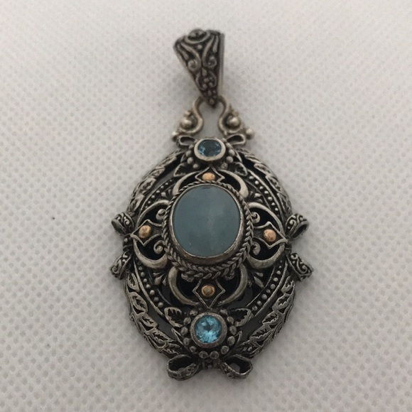 Vintage Sarda Artisan 18K Sterling silver Aquamarine and Blue Topaz Pendant - Picture 5 of 13